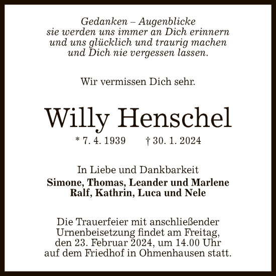 Anzeige von Willy Henschel von Reutlinger General-Anzeiger