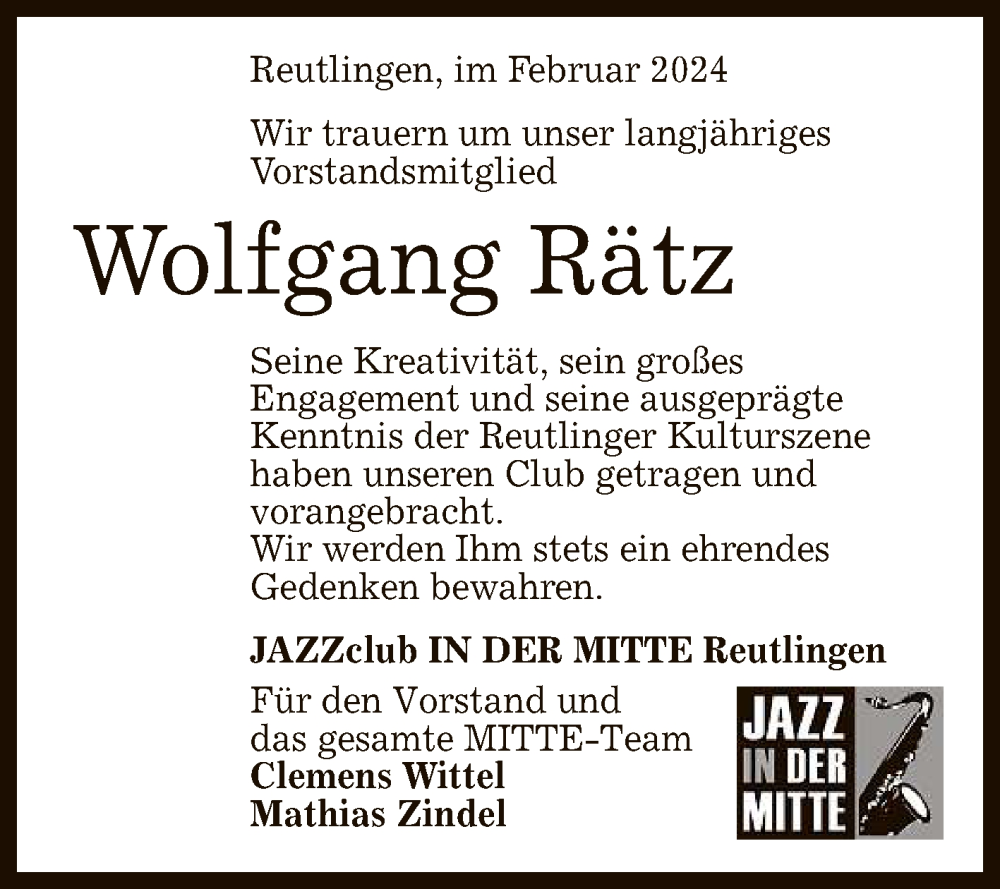  Traueranzeige für Wolfgang Rätz vom 10.02.2024 aus Reutlinger General-Anzeiger