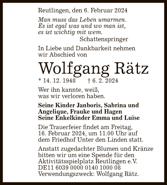 Anzeige von Wolfgang Rätz von Reutlinger General-Anzeiger