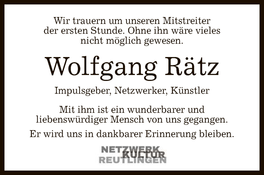  Traueranzeige für Wolfgang Rätz vom 14.02.2024 aus Reutlinger General-Anzeiger