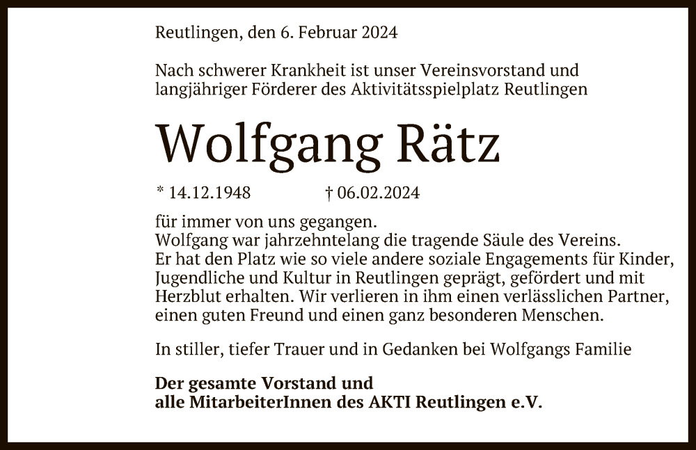  Traueranzeige für Wolfgang Rätz vom 13.02.2024 aus Reutlinger General-Anzeiger