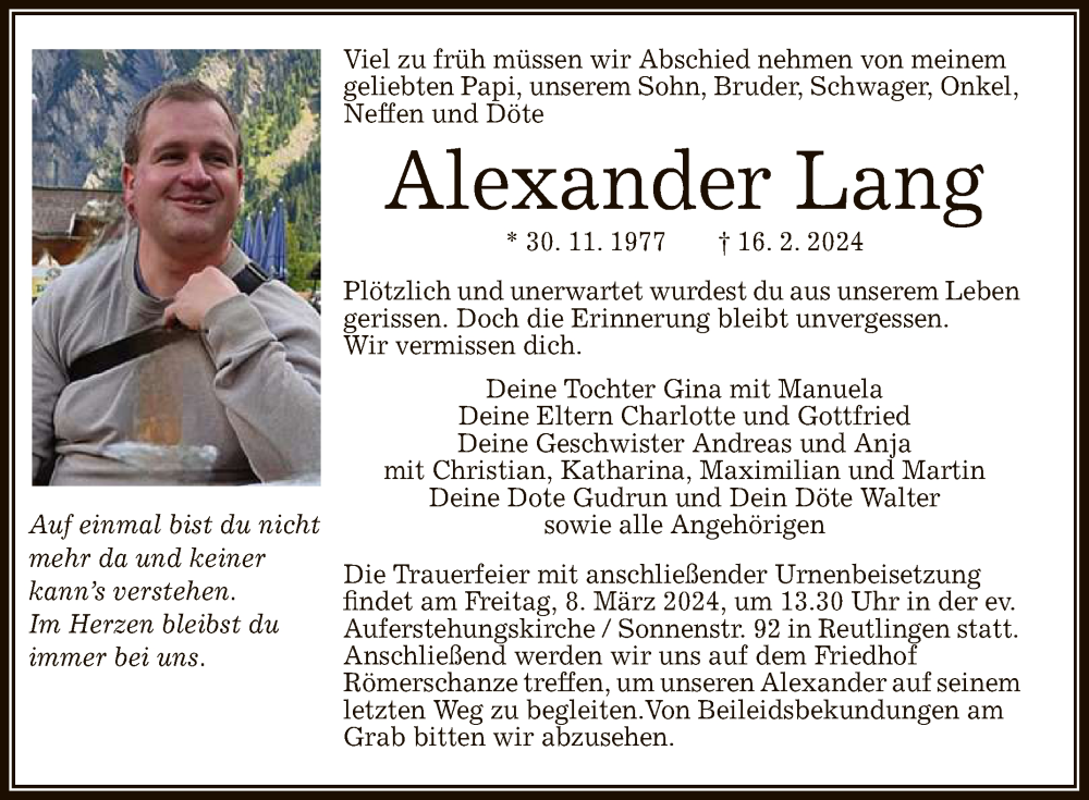  Traueranzeige für Alexander Lang vom 02.03.2024 aus Reutlinger General-Anzeiger