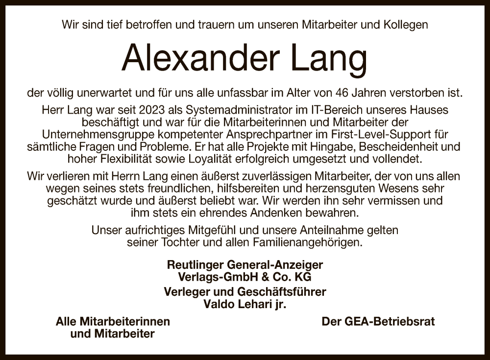  Traueranzeige für Alexander Lang vom 02.03.2024 aus Reutlinger General-Anzeiger