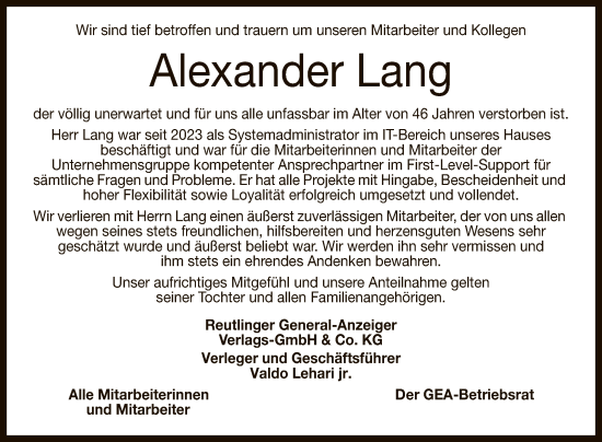 Anzeige von Alexander Lang von Reutlinger General-Anzeiger
