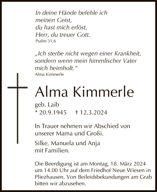 Anzeige von Alma Kimmerle von Reutlinger General-Anzeiger