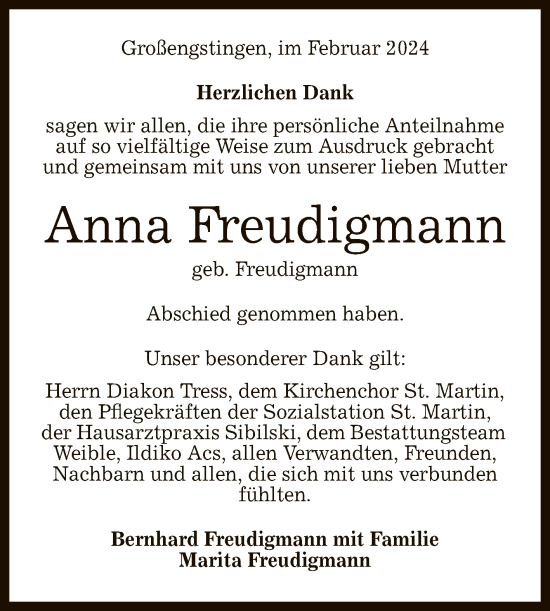 Anzeige von Anna Freudigmann von Reutlinger General-Anzeiger