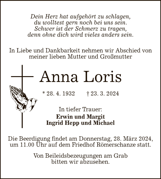 Anzeige von Anna Loris von Reutlinger General-Anzeiger