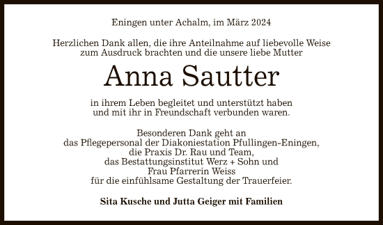 Anzeige von Anna Sautter von Reutlinger General-Anzeiger