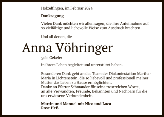 Anzeige von Anna Vöhringer von Reutlinger General-Anzeiger