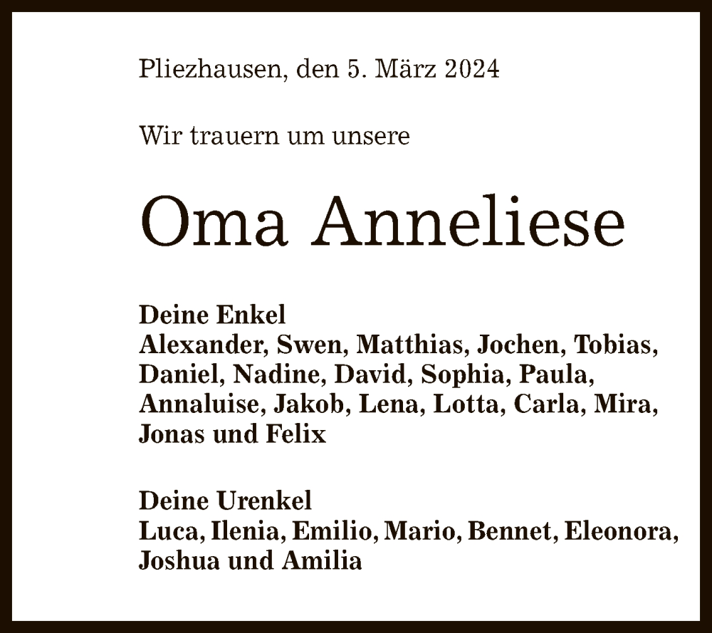  Traueranzeige für Anneliese Kuhn vom 08.03.2024 aus Reutlinger General-Anzeiger