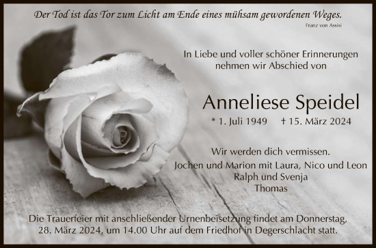 Anzeige von Anneliese Speidel von Reutlinger General-Anzeiger