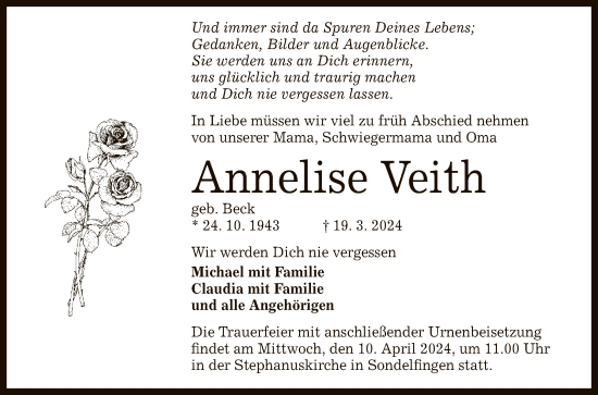 Anzeige von Annelise Veith von Reutlinger General-Anzeiger