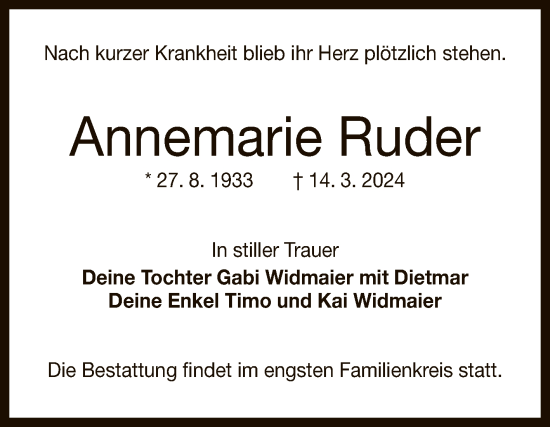 Anzeige von Annemarie Ruder von Reutlinger General-Anzeiger