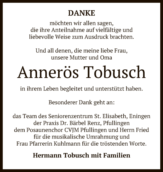 Anzeige von Annerös Tobusch von Reutlinger General-Anzeiger