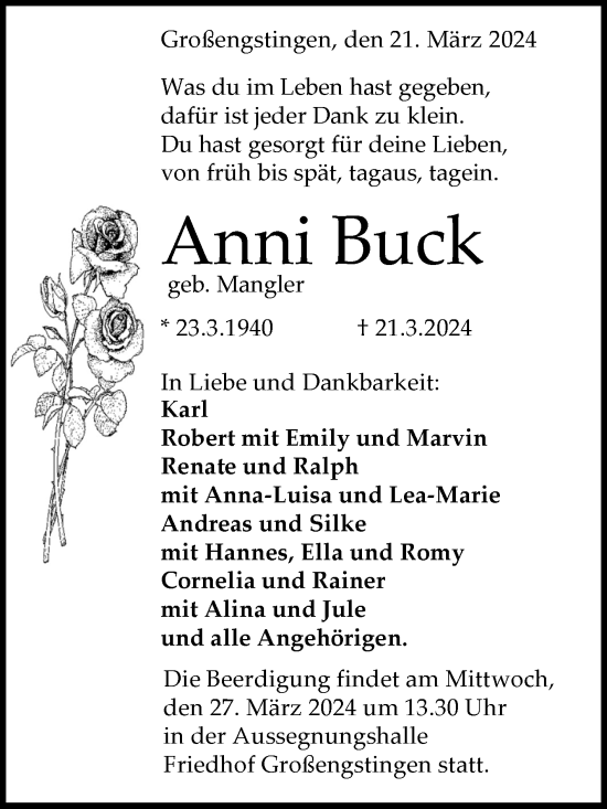 Anzeige von Anni Buck von Reutlinger General-Anzeiger