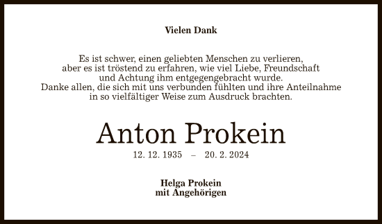 Anzeige von Anton Prokein von Reutlinger General-Anzeiger