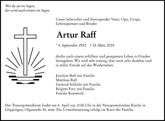 Anzeige von Artur Raff von Reutlinger General-Anzeiger