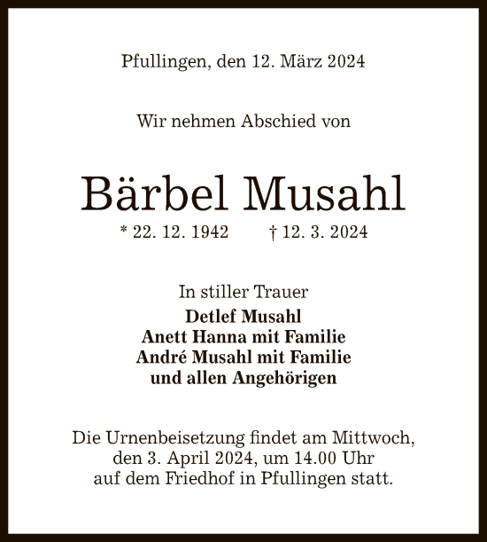 Anzeige von Bärbel Musahl von Reutlinger General-Anzeiger