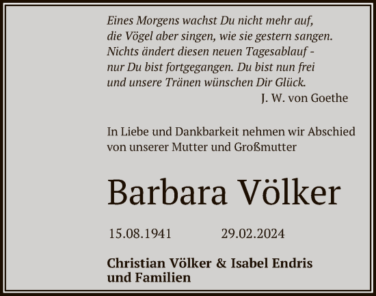 Anzeige von Barbara Völker von Reutlinger General-Anzeiger
