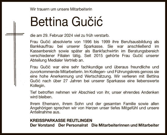 Anzeige von Bettina Gucic von Reutlinger General-Anzeiger