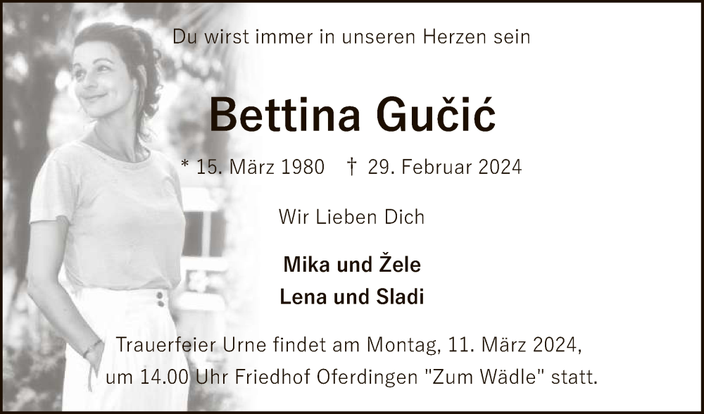  Traueranzeige für Bettina Gucic vom 02.03.2024 aus Reutlinger General-Anzeiger