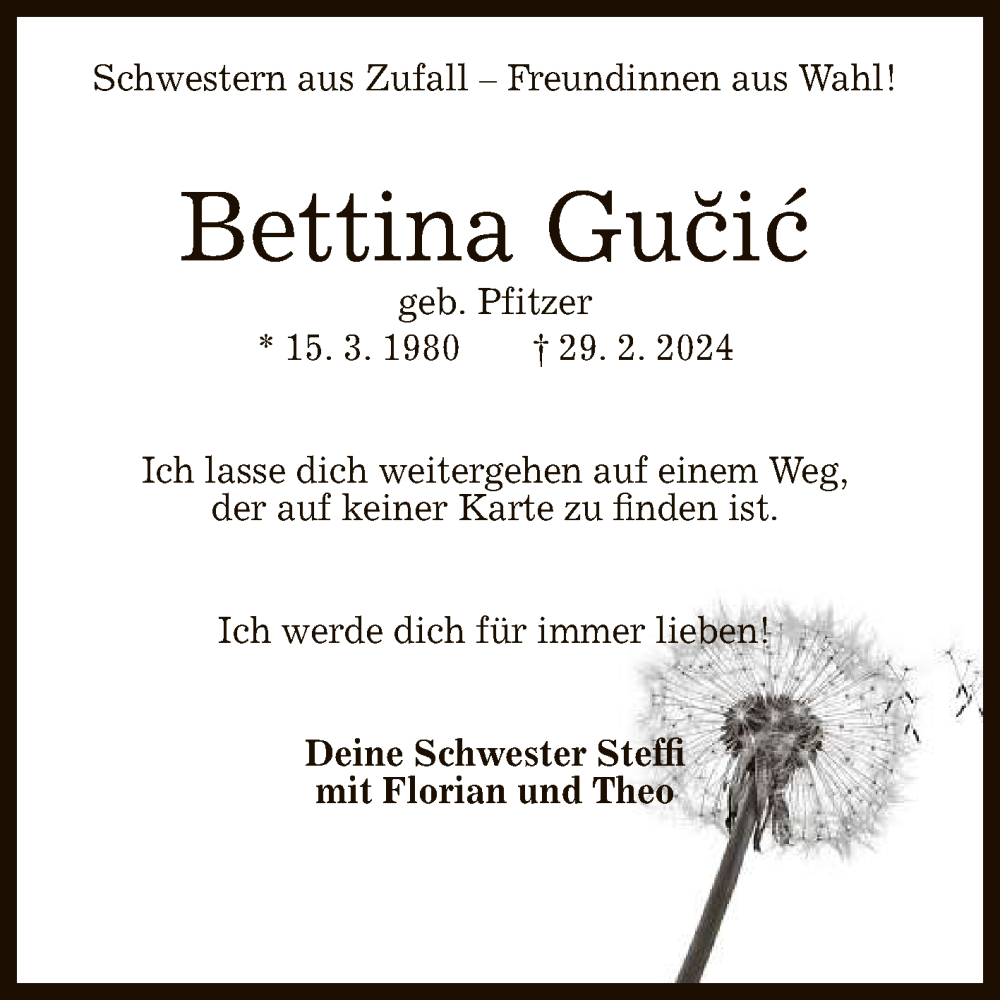  Traueranzeige für Bettina Gucic vom 04.03.2024 aus Reutlinger General-Anzeiger
