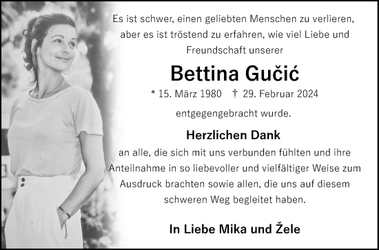 Anzeige von Bettina Gucic von Reutlinger General-Anzeiger