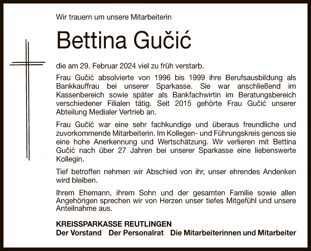  Traueranzeige für Bettina Gucic vom 05.03.2024 aus Reutlinger General-Anzeiger