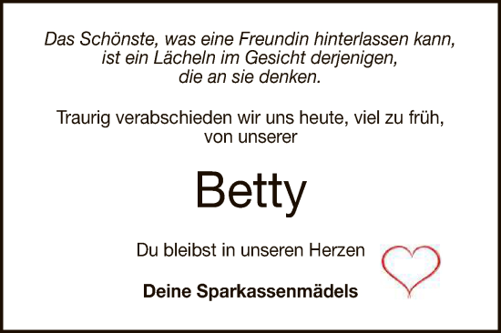 Anzeige von Betty  von Reutlinger General-Anzeiger