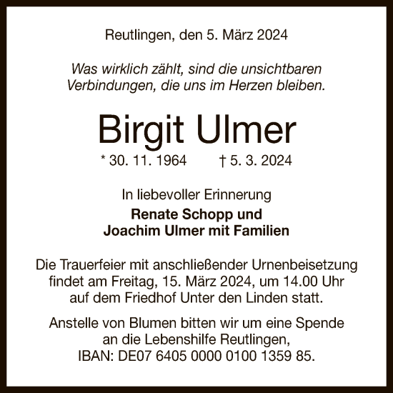 Anzeige von Birgit Ulmer von Reutlinger General-Anzeiger