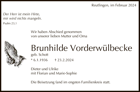 Anzeige von Brunhilde Vorderwülbecke von Reutlinger General-Anzeiger