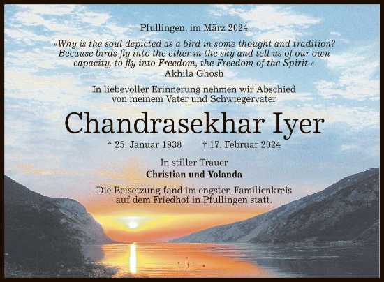 Anzeige von Chandrasekhar Iyer von Reutlinger General-Anzeiger