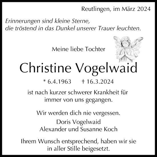 Anzeige von Christine Vogelwaid von Reutlinger General-Anzeiger