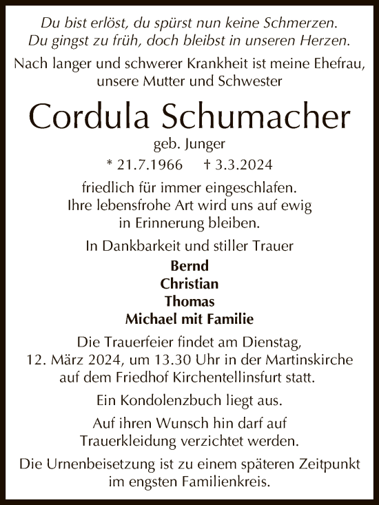 Anzeige von Cordula Schumacher von Reutlinger General-Anzeiger