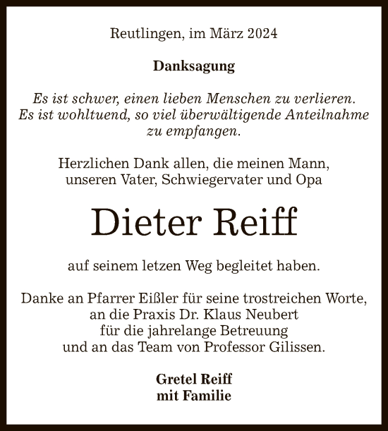Anzeige von Dieter Reiff von Reutlinger General-Anzeiger