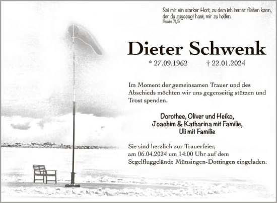 Anzeige von Dieter Schwenk von Reutlinger General-Anzeiger