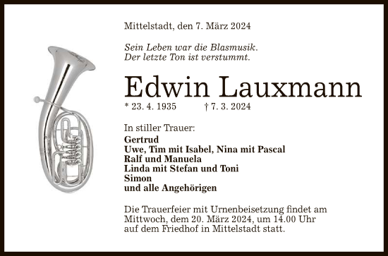 Anzeige von Edwin Lauxmann von Reutlinger General-Anzeiger