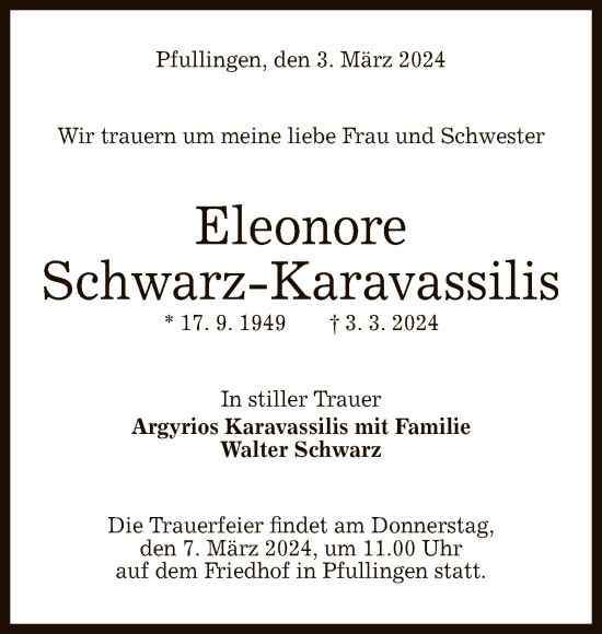 Anzeige von Eleonore Schwarz-Karavassilis von Reutlinger General-Anzeiger