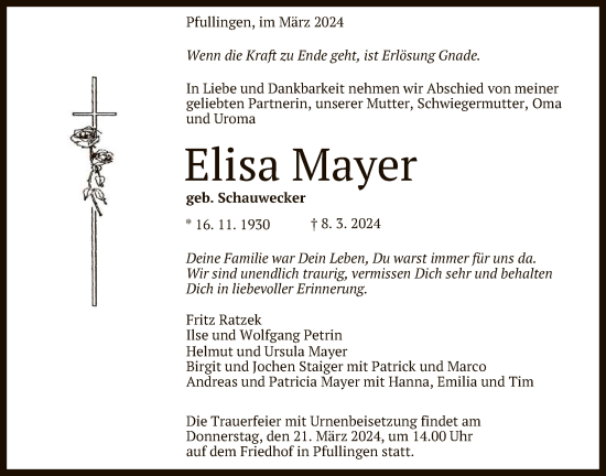 Anzeige von Elisa Mayer von Reutlinger General-Anzeiger