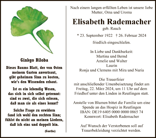 Anzeige von Elisabeth Rademacher von Reutlinger General-Anzeiger