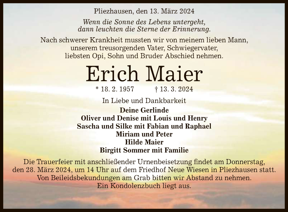  Traueranzeige für Erich Maier vom 23.03.2024 aus Reutlinger General-Anzeiger