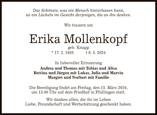 Anzeige von Erika Mollenkopf von Reutlinger General-Anzeiger