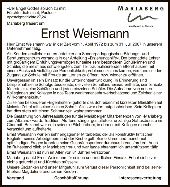 Anzeige von Ernst Weismann von Reutlinger General-Anzeiger