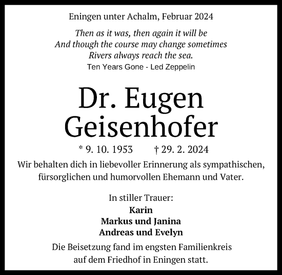 Anzeige von Eugen Geisenhofer von Reutlinger General-Anzeiger