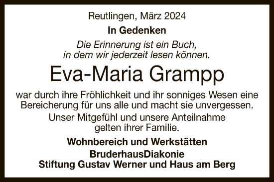 Anzeige von Eva-Maria Grampp von Reutlinger General-Anzeiger