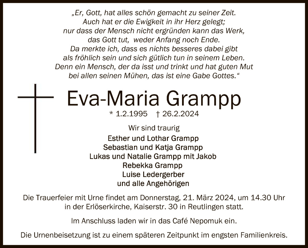  Traueranzeige für Eva-Maria Grampp vom 18.03.2024 aus Reutlinger General-Anzeiger
