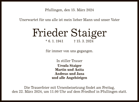 Anzeige von Frieder Staiger von Reutlinger General-Anzeiger