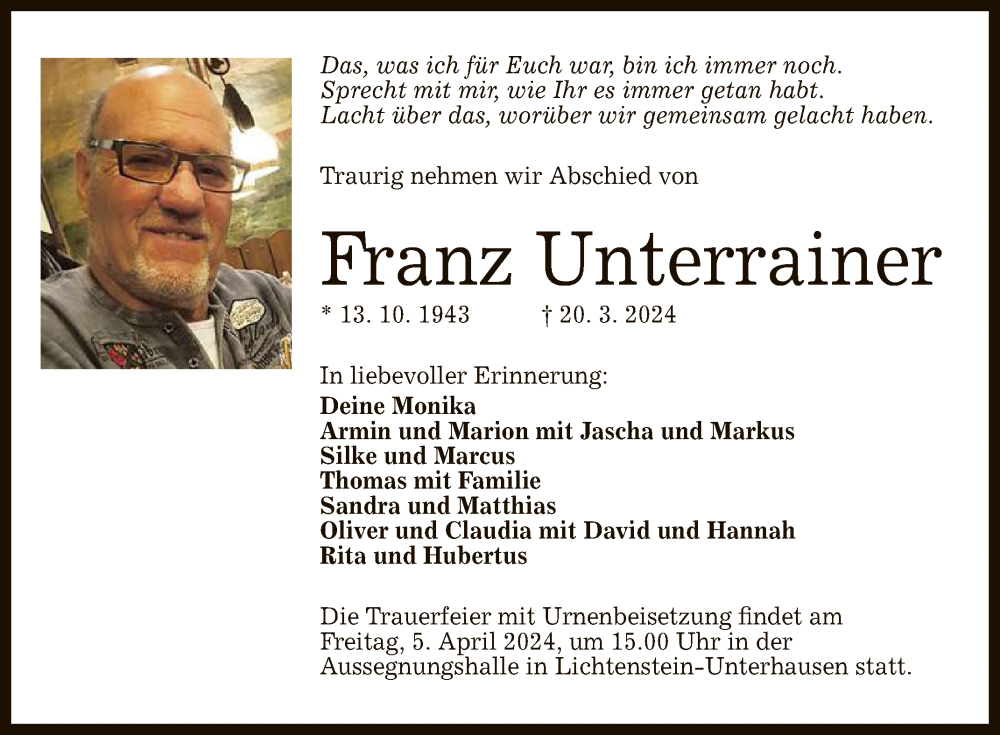 Traueranzeige für Franz Unterrainer vom 30.03.2024 aus Reutlinger General-Anzeiger