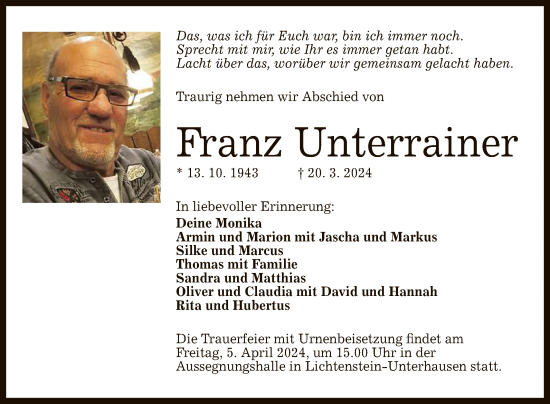 Anzeige von Franz Unterrainer von Reutlinger General-Anzeiger
