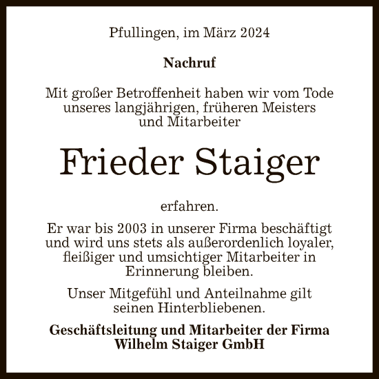 Anzeige von Frieder Staiger von Reutlinger General-Anzeiger